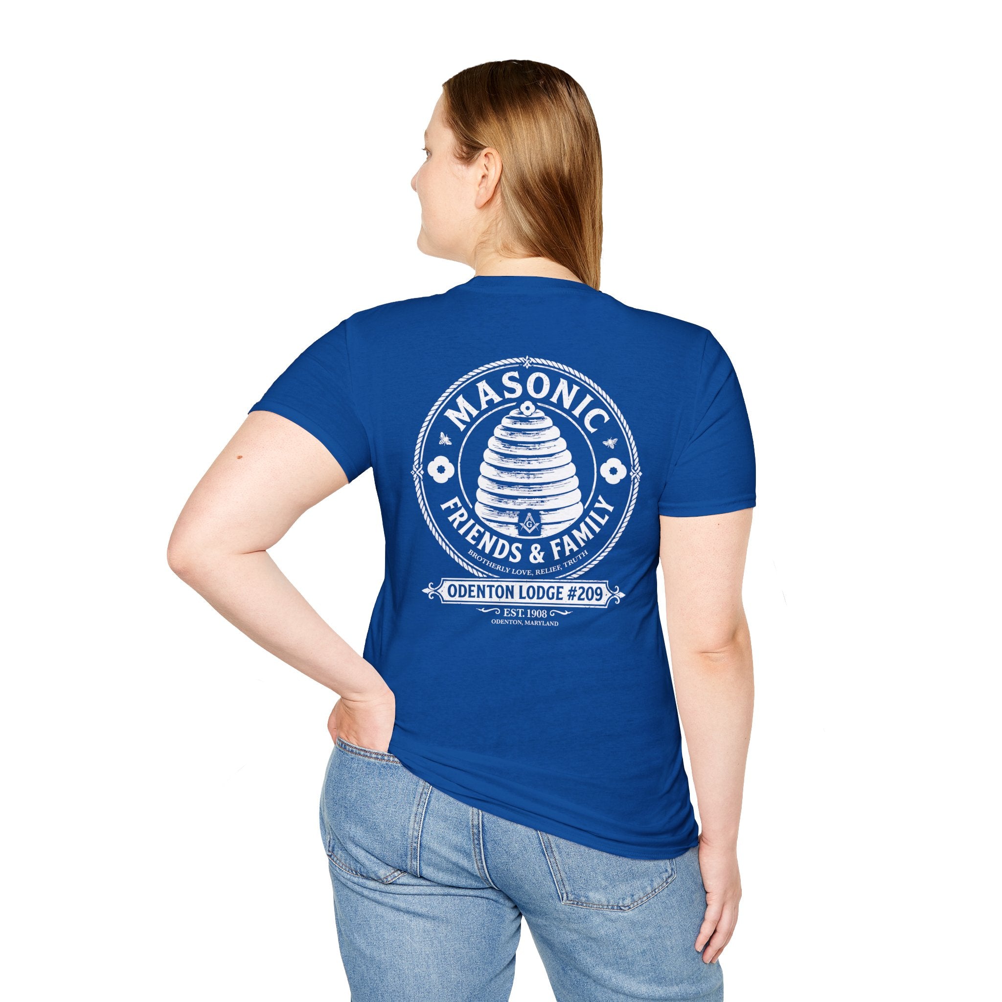 Ladies version of Freemason friends and family T-Shirt — Masonic Symbol Blue Tee