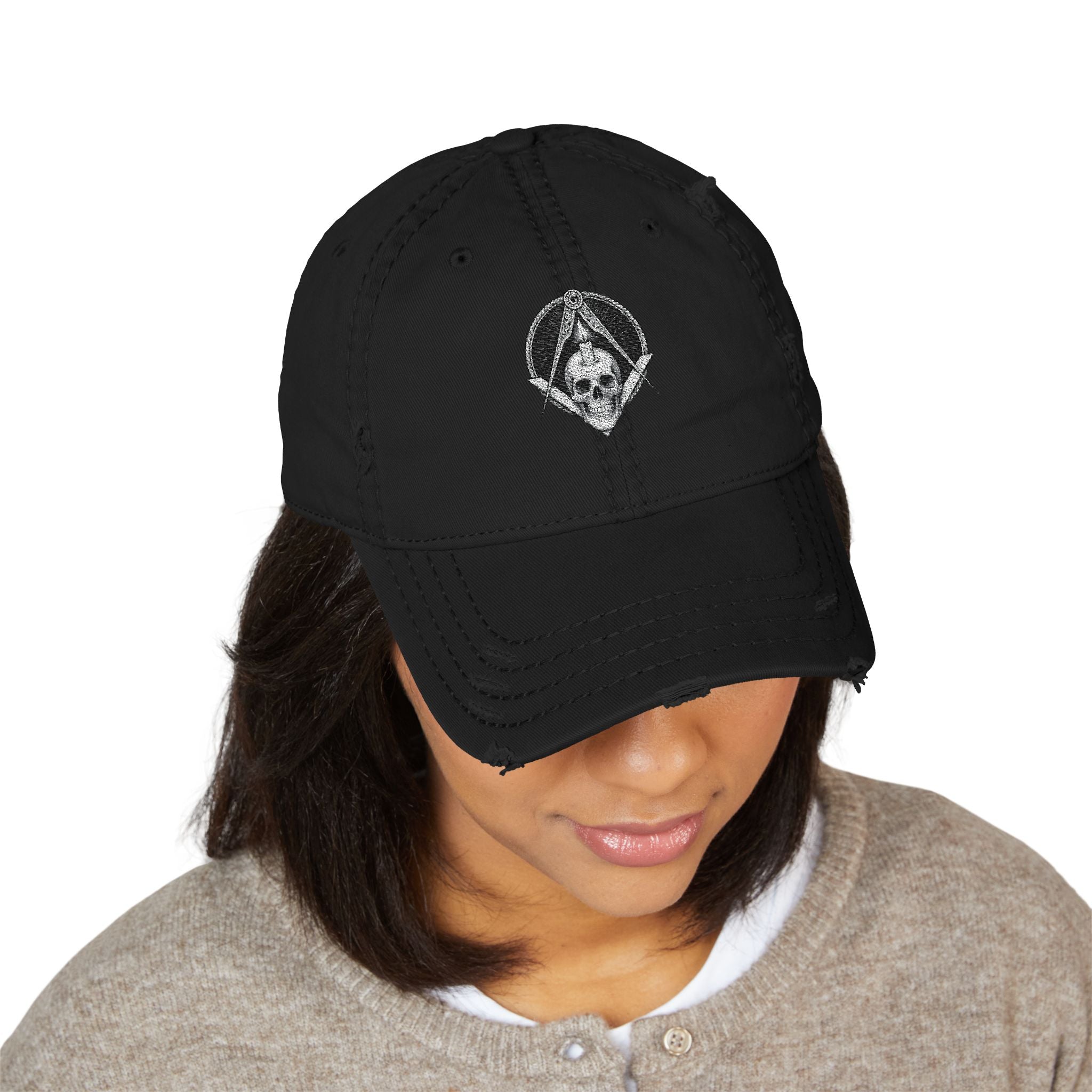 Distressed Dad Hat with Skull Embroidery, Vintage Style Cap, Casual Outdoor Hat, Gift for Dads, Everyday Wear, Trendy Accessory