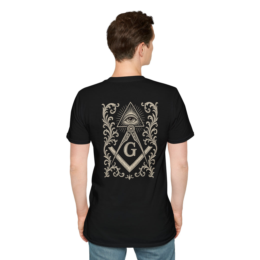 Masonic Graphic Tee, Unisex Softstyle T-Shirt with Eye Design, Freemason Gift, Casual Wear, Vintage Style, Unique Masonic Shirt