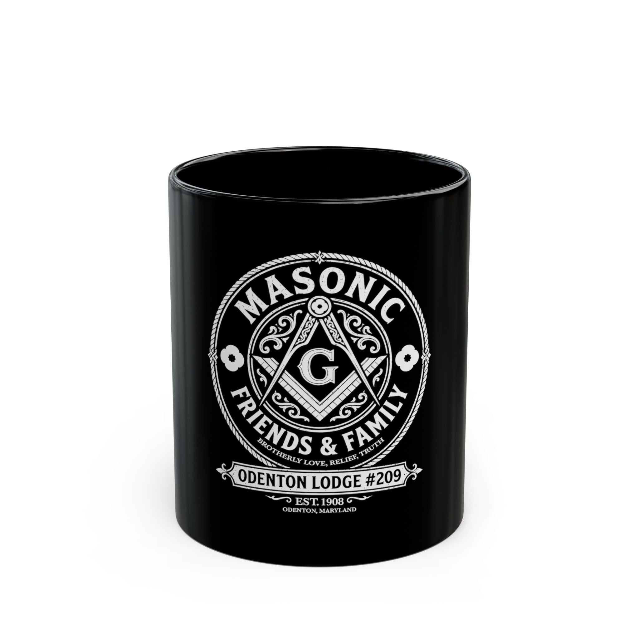 Masonic Lodge Black Coffee Mug — "Masonic Friends & Family" Odenton Lodge #209 (11oz/15oz)